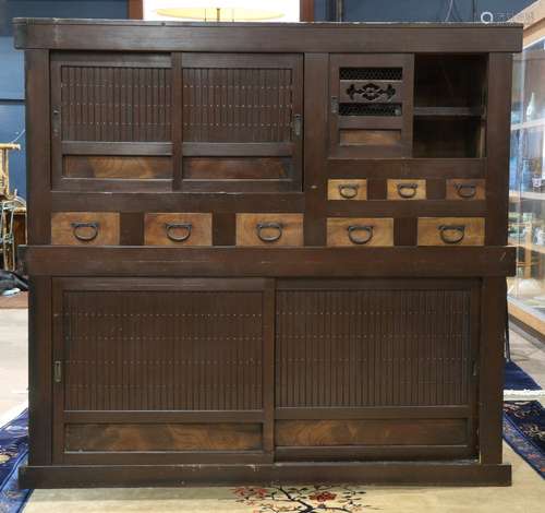 Japanese two-part mizuya (kitchen ) chest, upper part with two sliding door sections with an