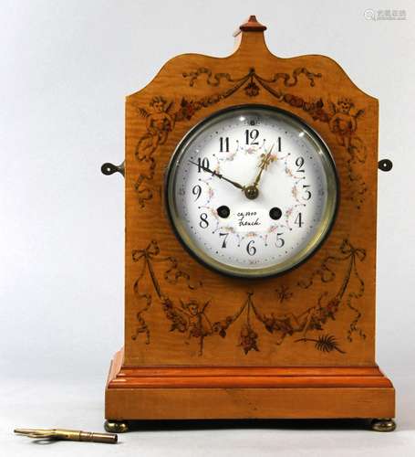 French Edwardian Mantle clock, the wooden case framing a white enamel dial with Arabic numberals and