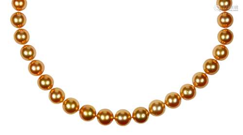 Golden cultured pearl, diamond and 14k white gold necklace Composed of (39) graduating golden