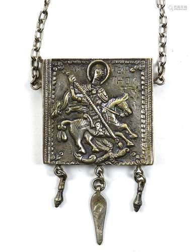 Russian style silvered metal traveling icon, the square form icon depicting Saint Gabriel slaying