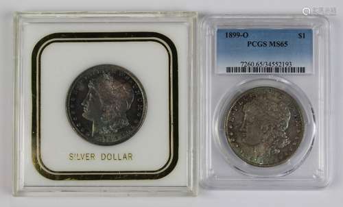 (lot of 2) 1879(O) Morgan Silver Dollar, superb gem, and an 1899(O) PCGS MS65, both with toning