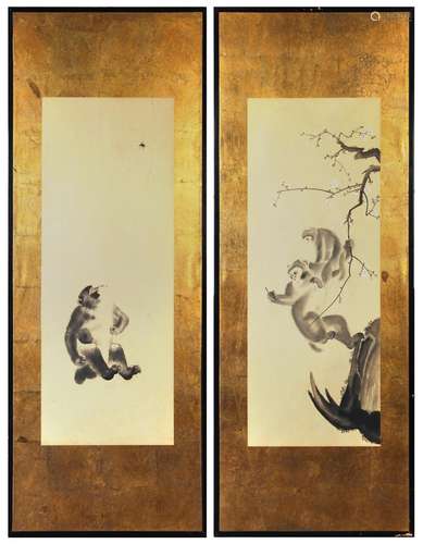 (lot of 2) Japanese pair of ink and color on paper, depicting a monkey and a bee, the other