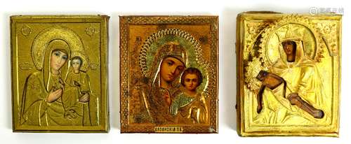 (lot of 3) Russian brass oklad icon group, consisting of polychrome decorated panels, with two