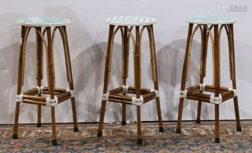 (lot of 3) French bistro rattan stools, each having a blue and white circular seat, 31