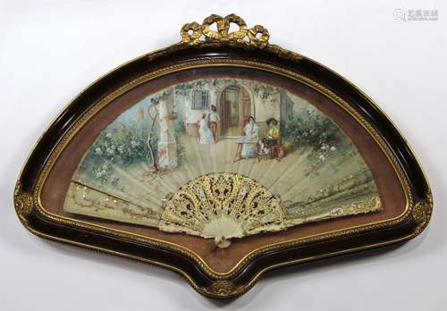 French hand-painted decorative fan, depicting figures in period attire, the whole in a custom