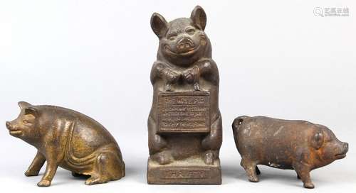 (lot of 3) Cast iron pig penny/still bank group, comprising 