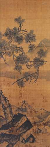 Anonymous, Figure under Pine Tree, ink on silk, a villager with a bundle of firewood seated on rocks