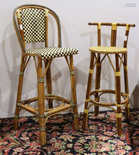 (lot of 3) French bistro rattan stools, one executed in blue, the other in brown and yellow, and the