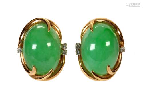 Pair of jadeite, diamond and 14k yellow gold earrings Featuring (2) oval jadeite cabochons,