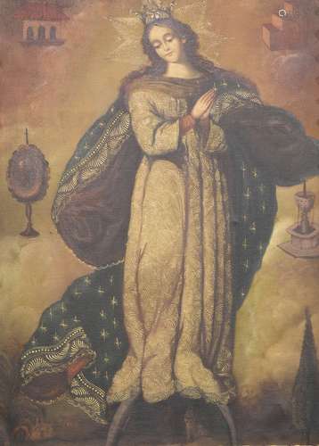 Spanish Colonial School (19th century), Untitled (Virgin on the Crescent Moon), oil on canvas