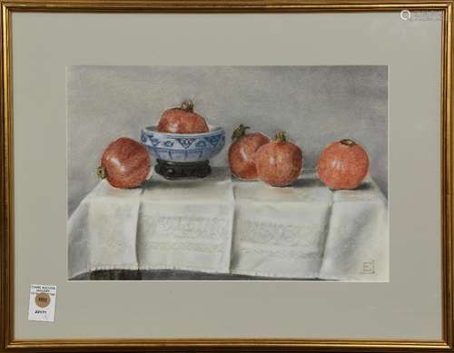 Still Life with Pomegranetes, watercolor, initialed 