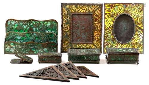 (lot of 11) Tiffany Studios New York patinated bronze assembled desk accessories, in the 