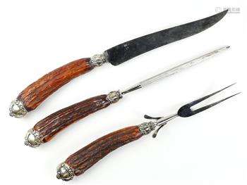 (lot of 3) Landers Frary & Clark antler carving set, having sterling silver ferrules and handle