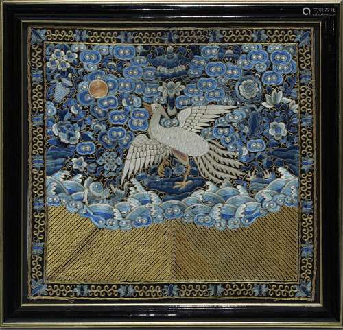 Chinese civil service rank badge, embroidered with a silver pheasant amid blue clouds, flowers and