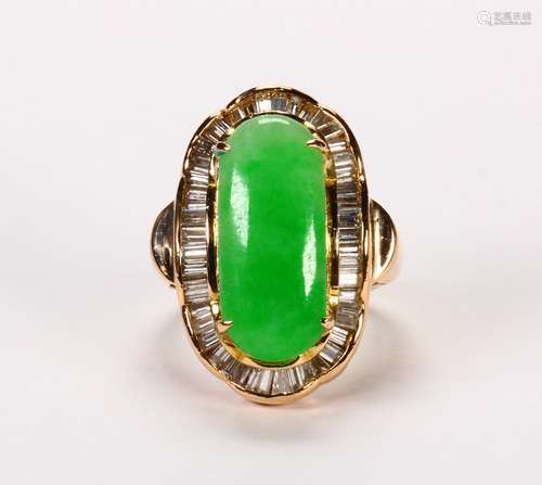 Jadeite, diamond and 14k yellow gold ring Featuring (1) jadeite saddle, measuring approximately 19 X