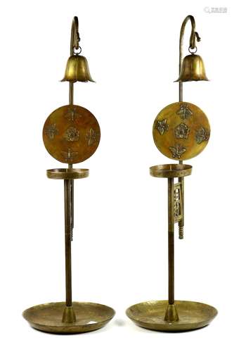 (lot of 2) Japanese/Korean pair of brass candle stands, with blossom shaped candle snuffer, circular