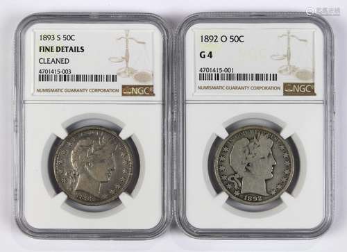 (lot of 2) Barber half dollars 1892(O) NGC G4, 1893(S) NGC Fine, details cleaned