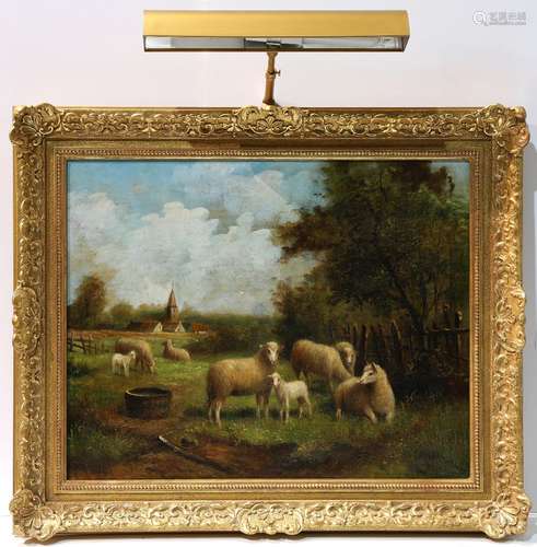 European School (20th century), A Flock of Sheep, oil on canvas, signed 