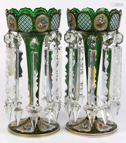 (lot of 2) Bohemian style glass lustres, each having a shaped rim, above a polychrome decorated body