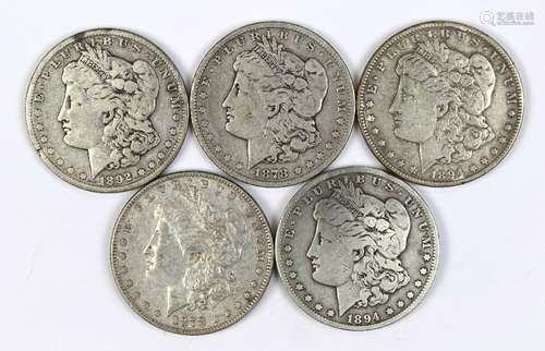 (lot of 5) Morgan silver dollars, 1878 7TF, 1878(CC), 1892(S), 1894(O), and 1894(S) F/XF