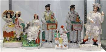 (lot of 6) Staffordshire style pottery figural collection, consisting of a flat back slip vase,