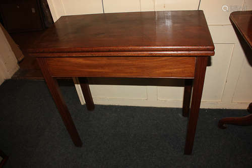 A 19th century mahogany rectangular folding card table (missing baize) on square chamfered legs