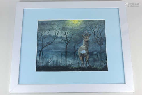 David Carl Forbes (20th century), stag beneath a full moon, ink and gouache, signed, 27cm by 33.