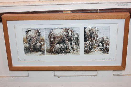 Wimsi del Wyk (20th century), three colour etchings depicting elephants, 'African elephant 1',