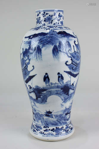 A Chinese porcelain blue and white baluster vase decorated with figures on a bridge amongst a