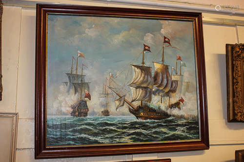 J Harvey (20th century), maritime battle scene, oil on canvas, signed, 50cm by 60cm