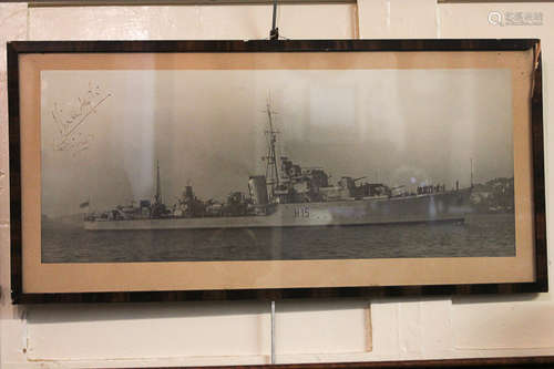 A black and white photograph of Royal Navy destroyer HMS Raider, signed in ink by Vivien Leigh and