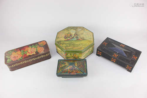 A collection of four tins, comprising an octagonal Loose-Wiles Biscuit company depicting Robin