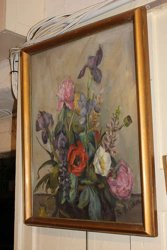 B Bourne, floral still life, including iris, peonies and anemone, oil on canvas, signed, paper label