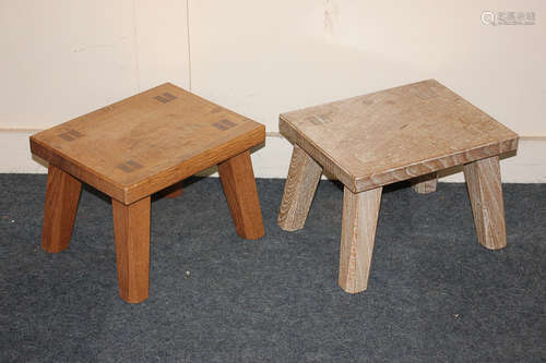 Two similar oak stools, one limed, both with rectangular top on four chamfered legs