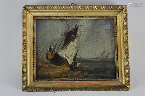 Late 19th / early 20th century school, boats moored beside a coastline, oil, unsigned, 8.5cm by