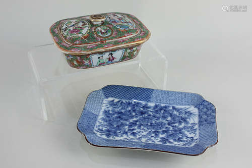 A Chinese Cantonese porcelain dish and cover with strainer, decorated with flowers, figures and