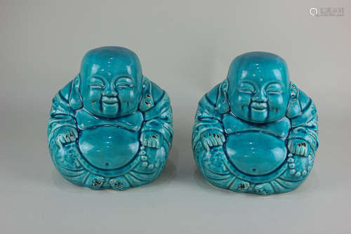 A pair of modern glazed turquoise pottery Buddhas, 18cm