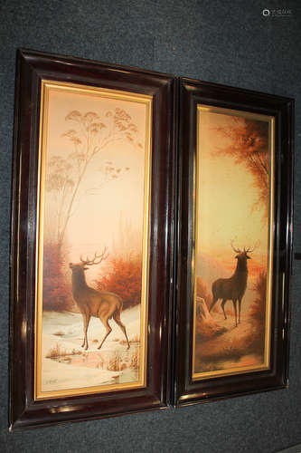 After E Vouga, a pair of early 20th century colour prints depicting a stag at sunset and beside a