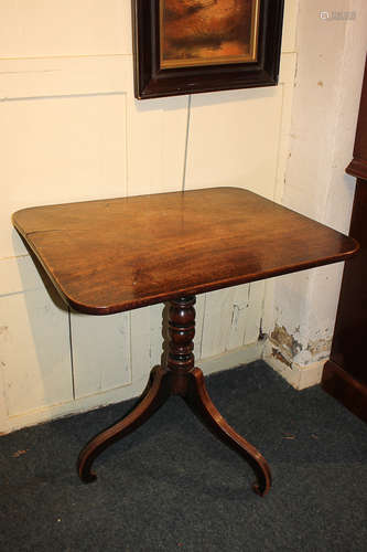 A 19th century tilt-top table with rectangular shaped top, on tripod legs with scroll feet, 76cm, (