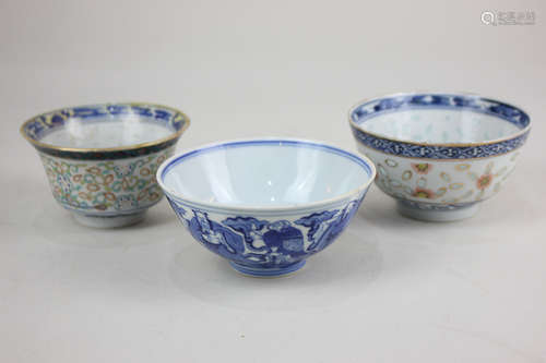 A Chinese blue and white porcelain rice bowl, depicting the eight immortals, a Chinese polychrome