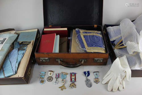 A collection of Masonic items including two silver gilt medals 'Sexagesimus' and 'Quadragesimus