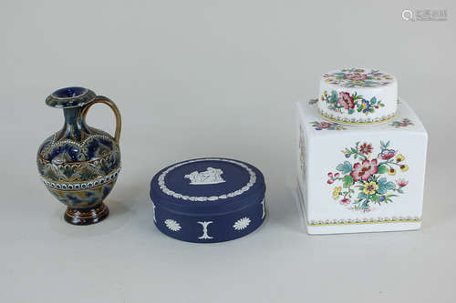 A Doulton Lambeth pottery vase, a Wedgwood Jasperware jar and cover, and a Coalport Ming Rose tea