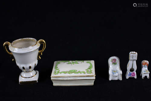 A Limoges porcelain trinket dish marked C Ahrenfeldt, a miniature or doll's house porcelain longcase