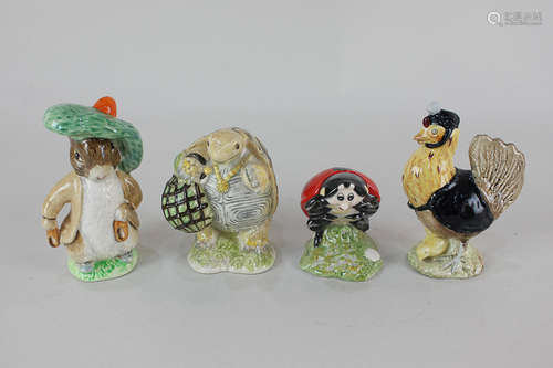 Two Beswick and two Royal Albert Beatrix Potter porcelain figures, Sally Henny Penny, Mr Alderman