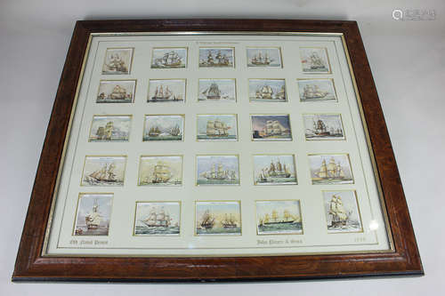 A framed collection of early 20th century John Player & Sons cigarette cards, Old Naval Prints,