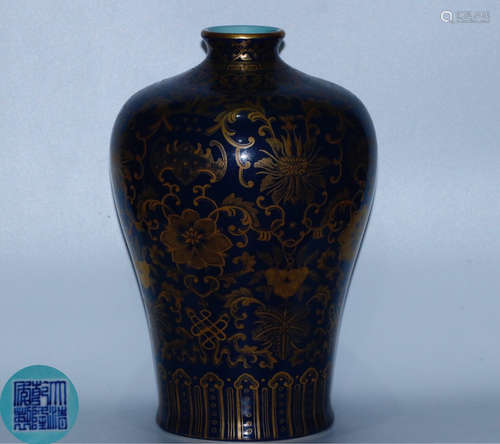 A JI BLUE GLAZE GILT FLORAL PATTERN MEI VASE