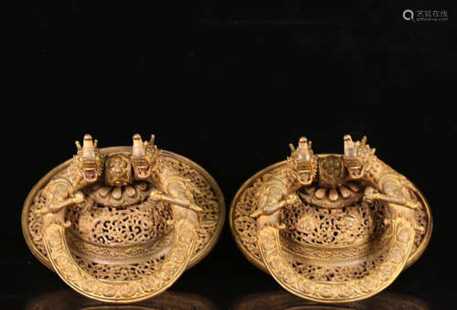 PAIR GILT COPPER DRAGON PATTERN DOOR RINGS