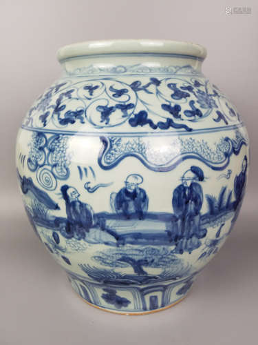 A BLUE AND WHITE FIGURE PATTERN JAR