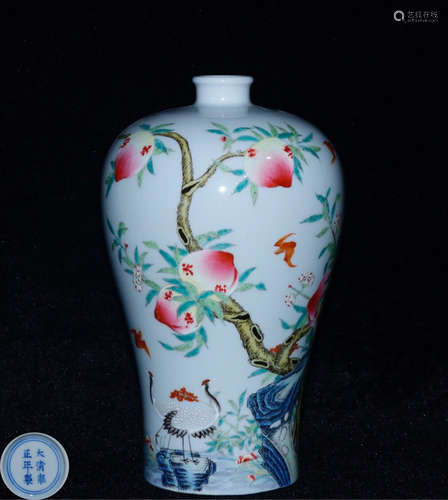 A FAMILLE-ROSE PEACH PATTERN MEI VASE