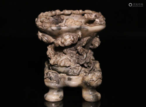 A SOAPSTONE CARVED CHI-DRAGON SHAPED CUP
